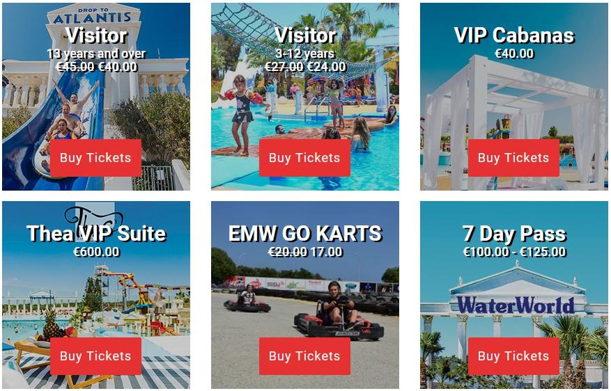 Стоимость билетов в аквапарк Ватер Ворлд в Айя Напе на Кипре летом 2022 года